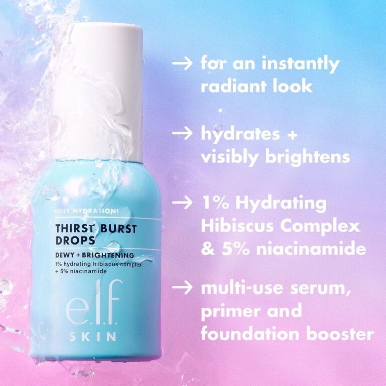 e.l.f Skin Holy Hydration Thirst Burst Dewy Brightening Drops Serum 5% Niacinamide 1% Hibiscus Complex multi-use hydrating glow booster serum primer foundation mix-in for dull dry skin