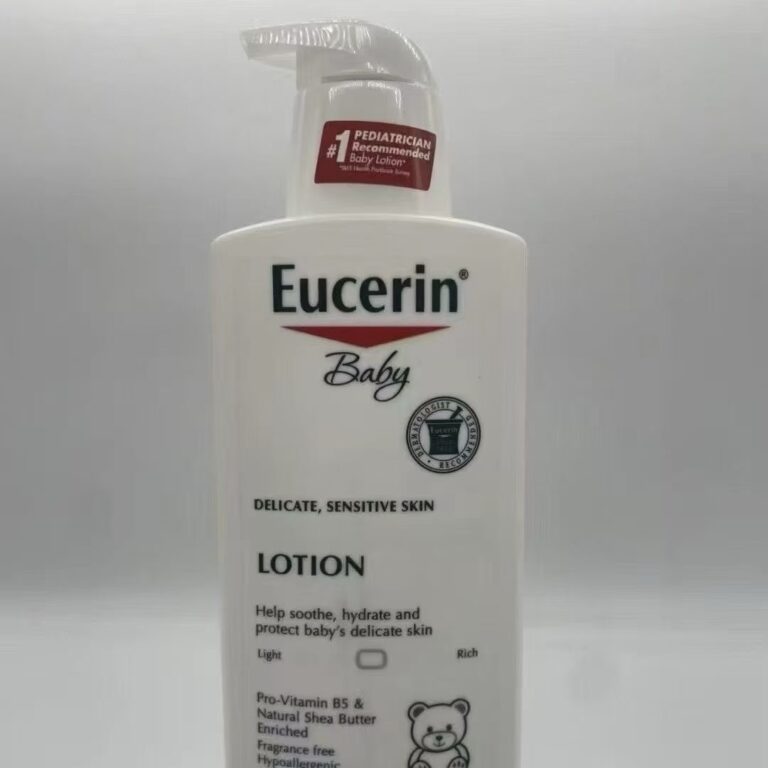 Eucerin Baby Lotion delicate sensitive skin pro-vitamin B5 natural shea butter fragrance free hypoallergenic pediatrician recommended gentle daily moisturizer for newborn infant dry skin