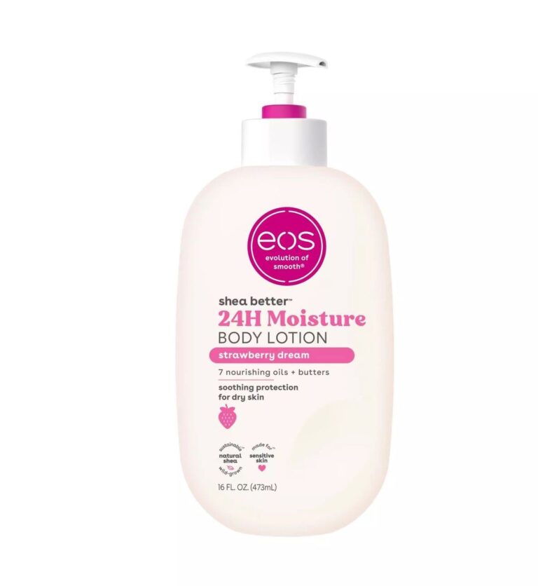 eos Shea Better 24H Moisture Strawberry Dream Body Lotion 473ml wild natural shea butter 7 nourishing oils long lasting 24hr hydrating body cream soothing dry sensitive skin sweet strawberry scented body moisturizer